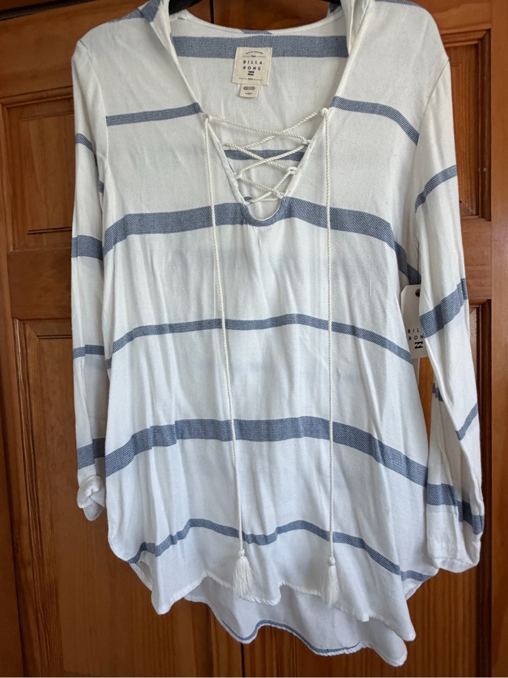 Billabong White Tunic with Blue Stripes and Lace-Up Neck